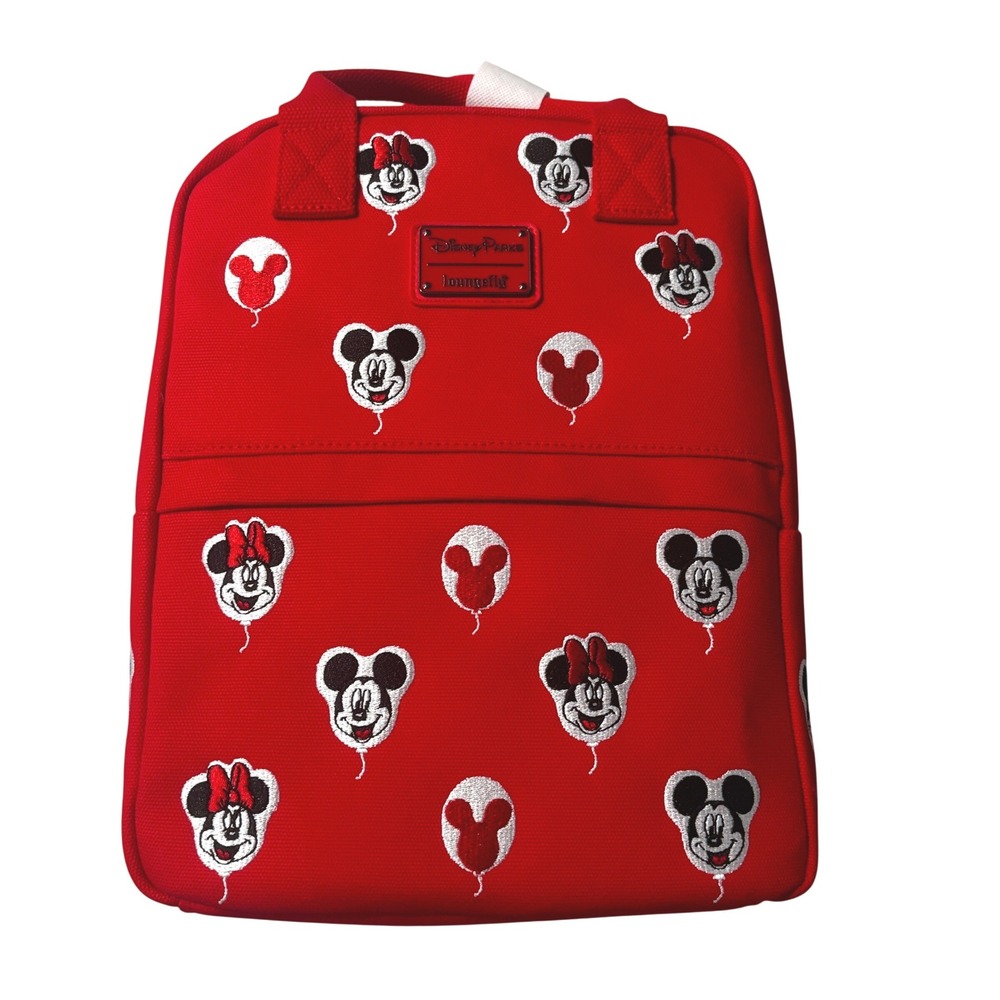 Disney Parks Loungefly Mickey Minnie Mouse Balloon Red Canvas Square Backpack